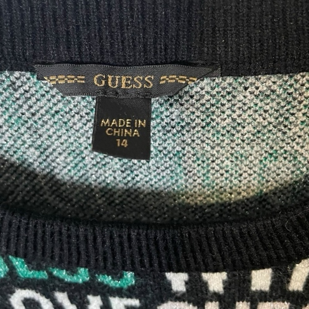 Guess Sweater Dress Logo Spell Out Black White Green With Glitter Sz 14 - Picture 7 of 9